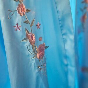 Vintage Light Blue Satin Robe with Embroidered Floral Detail